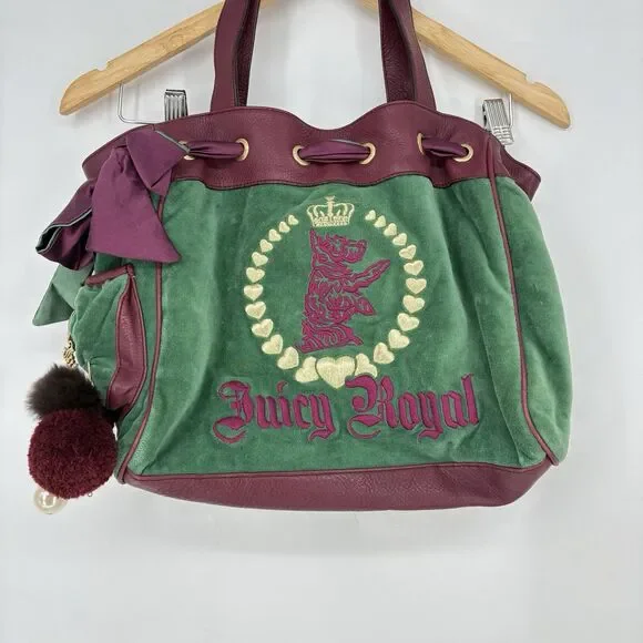 Vintage Juicy Couture Daydreamer Tote Bag Purse Royal Dog Bow Pompom Pin Charm - Picture 11 of 11